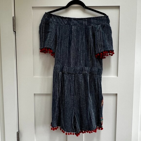 THML Anthropologie Blue Pom Pom Romper W/Embroidery & Pockets size: xs - Picture 7 of 8